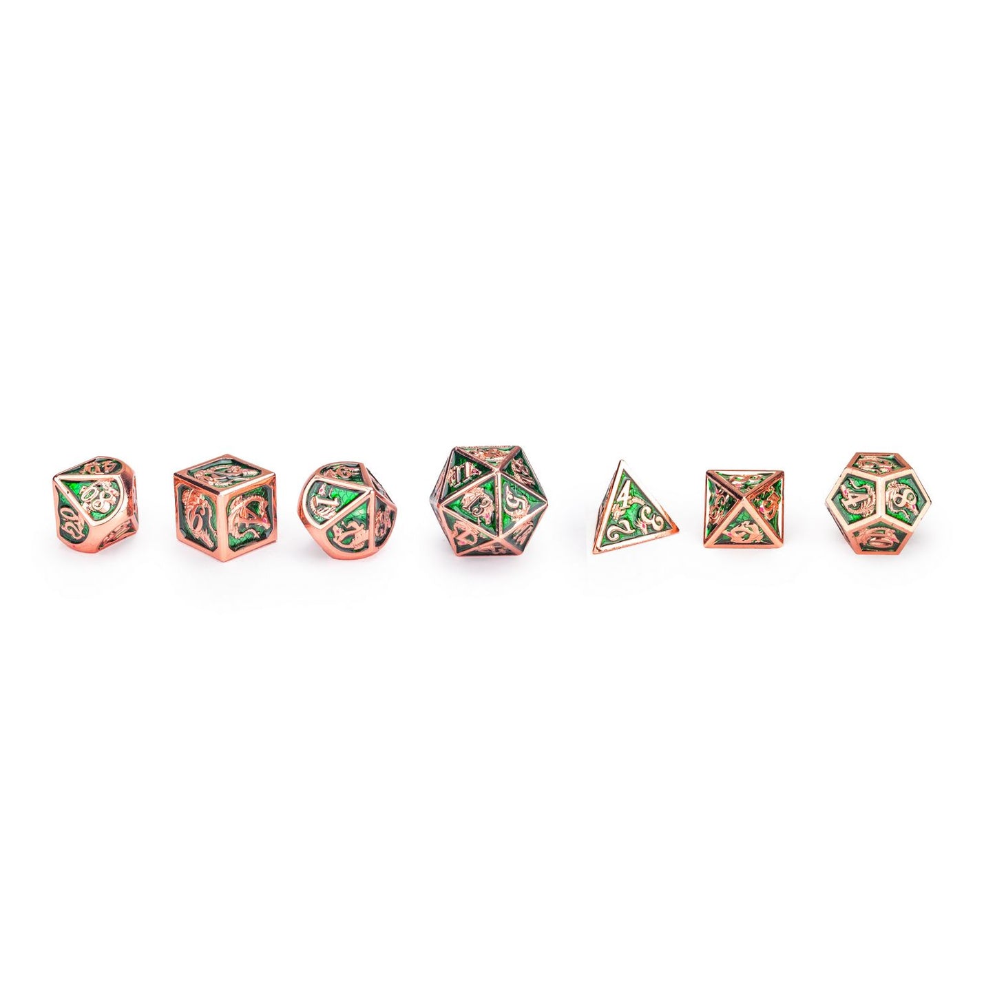 Copper Emerald metal dragon dice set for dungeons and dragons