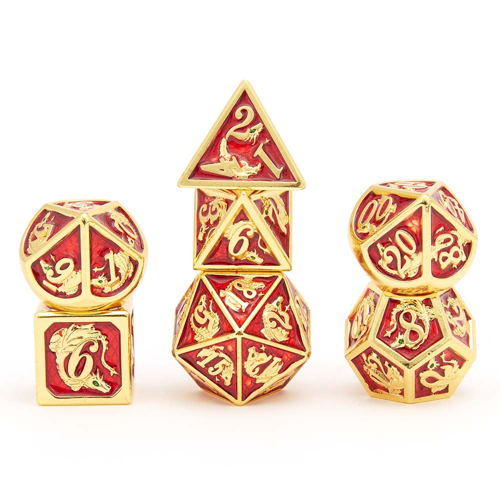 HYMGHO DnD dice set Gold Dragon ruby enamel engraved with dragon scales - HYMGHO Dice 