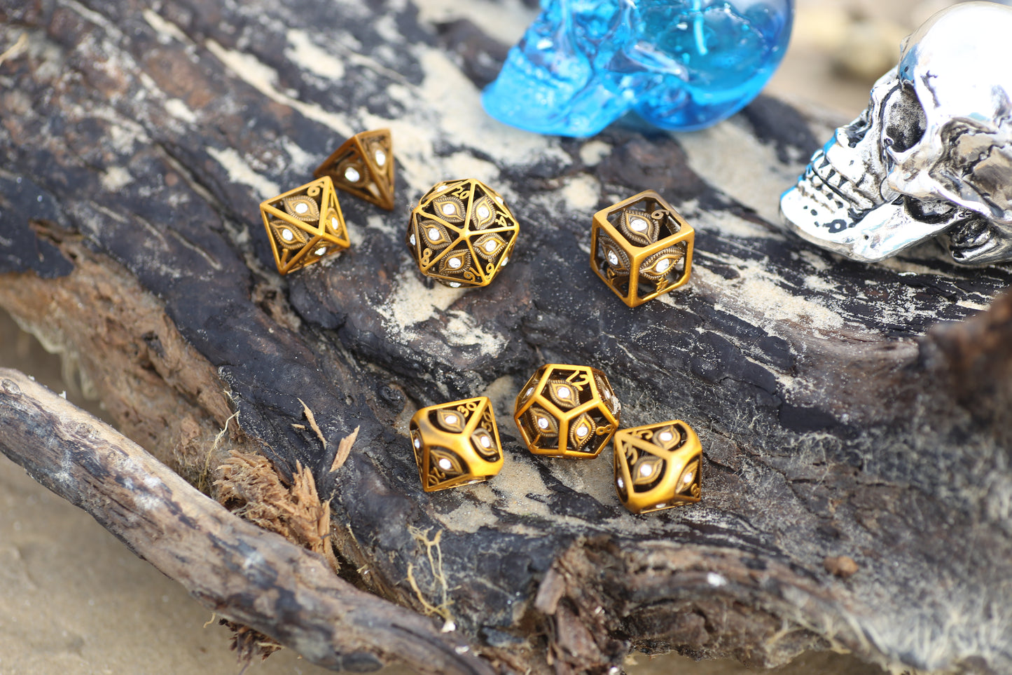 Ancient Gold with white Diamond Gems Dragon's Eye Hollow Metal Dice set