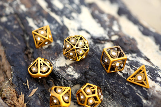 Ancient Gold with white Diamond Gems Dragon's Eye Hollow Metal Dice set