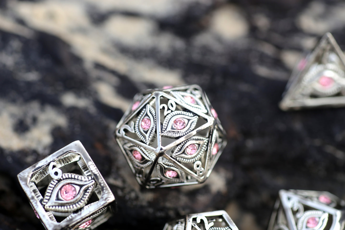 Shiny Silver with Pink Gems Dragon's Eye Hollow Metal Dice set