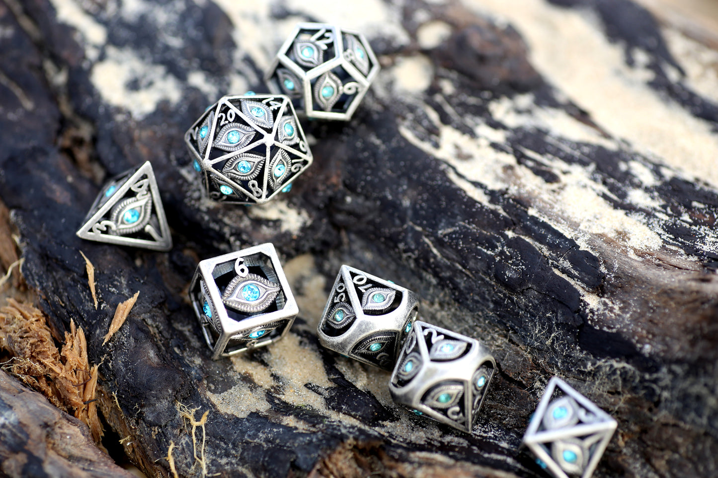 Ancient Silver with Blue Gems Dragon Eye dice set