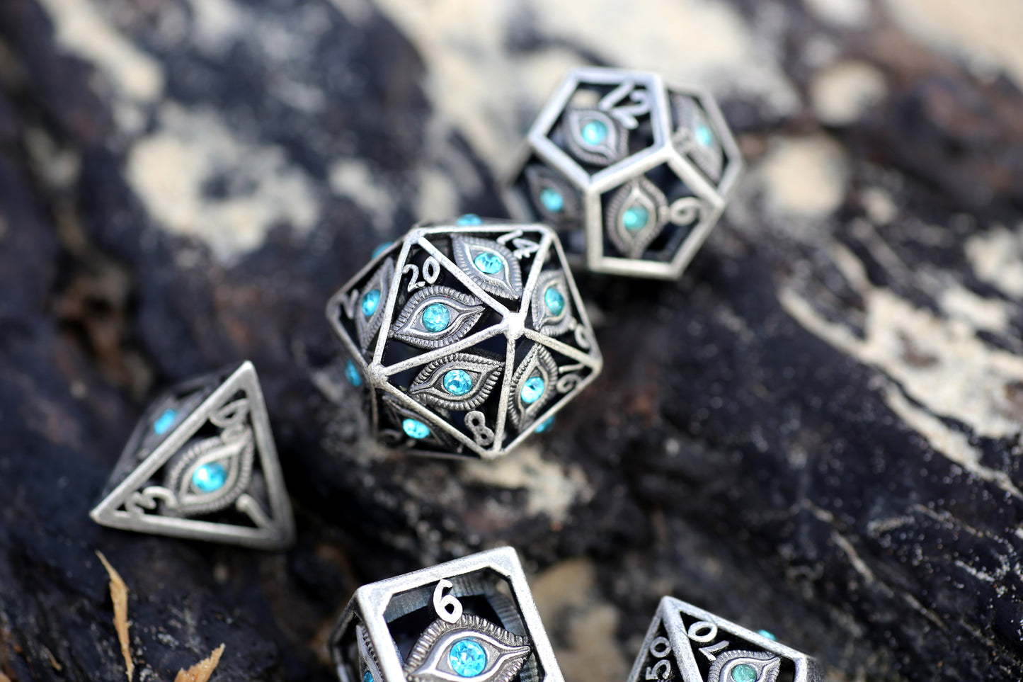 Ancient Silver with Blue Gems Dragon Eye dice set