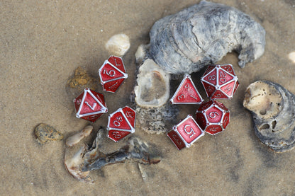 Silver with Red enamel Bone Collector Solid Metal Dice Set