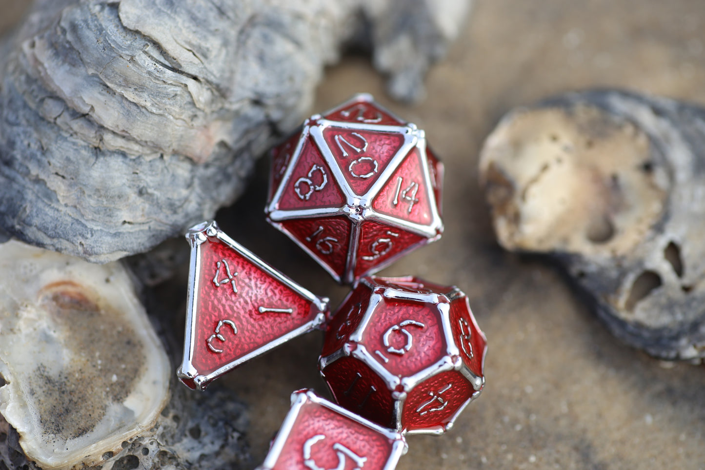 Silver with Red enamel Bone Collector Solid Metal Dice Set