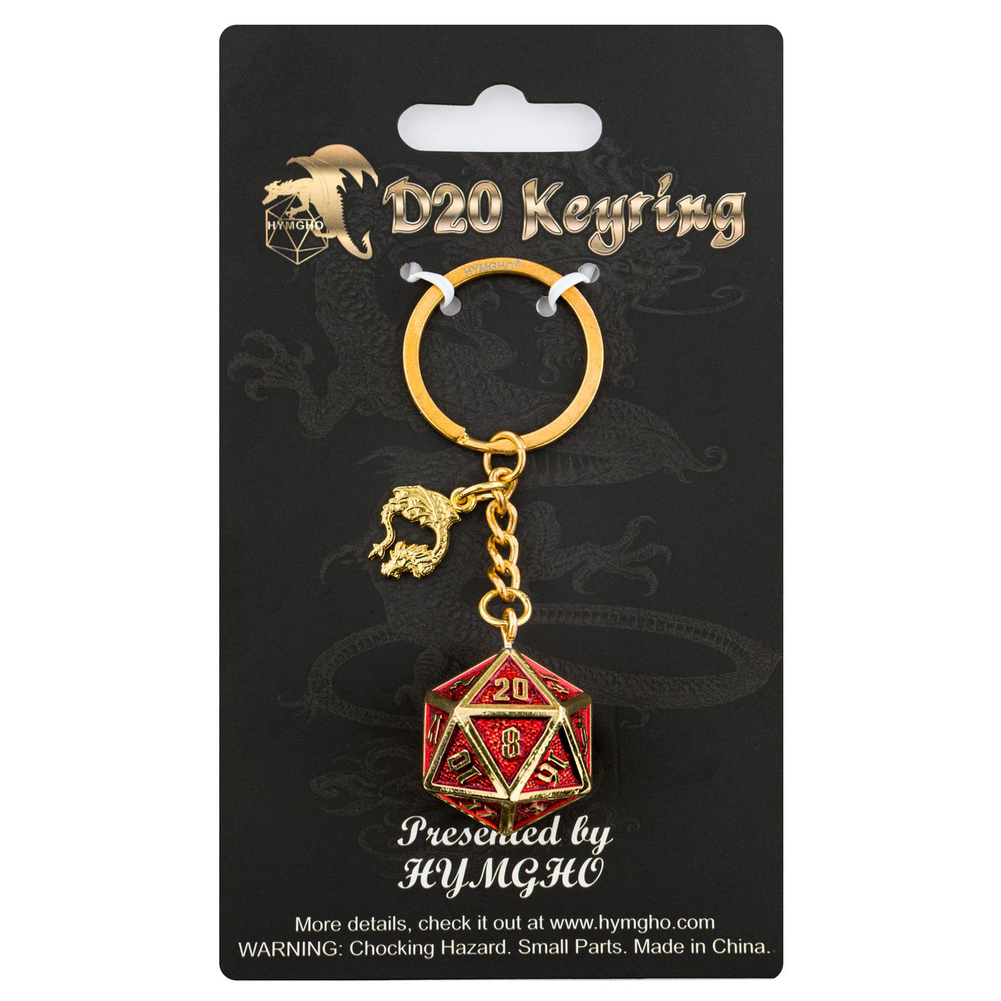 D20 keychain with HYMGHO dragon charm-Draconis Gold With Red