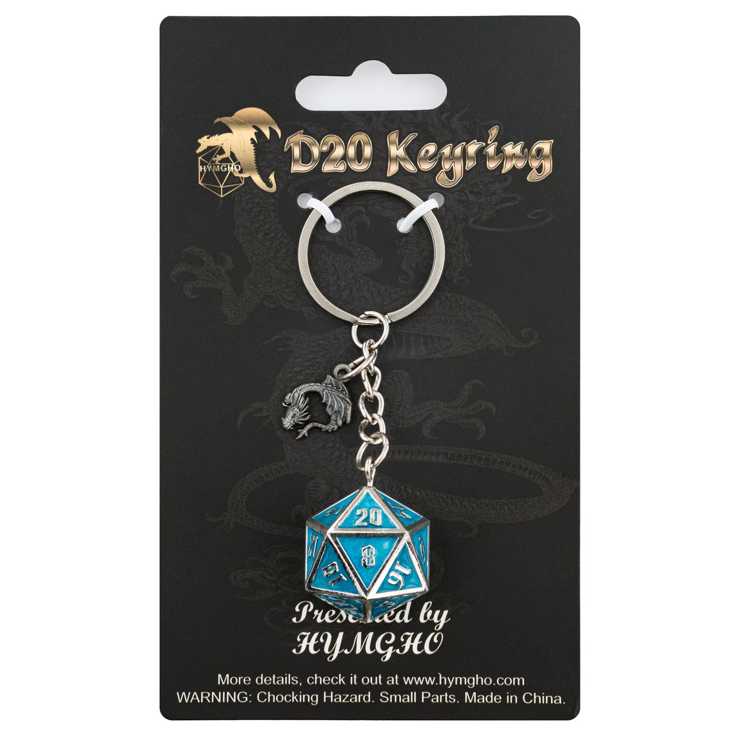 D20 keychain with HYMGHO dragon charm-Draconis Glow In The Dark