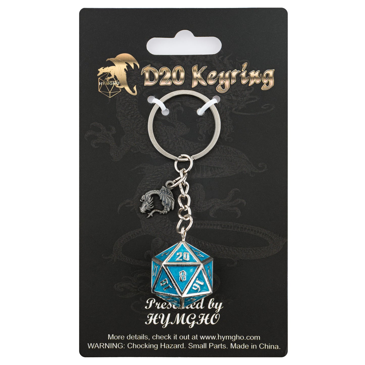 D20 キーチェーン、HYMGHO ドラゴンチャーム付き - 暗闇で光るドラコニス