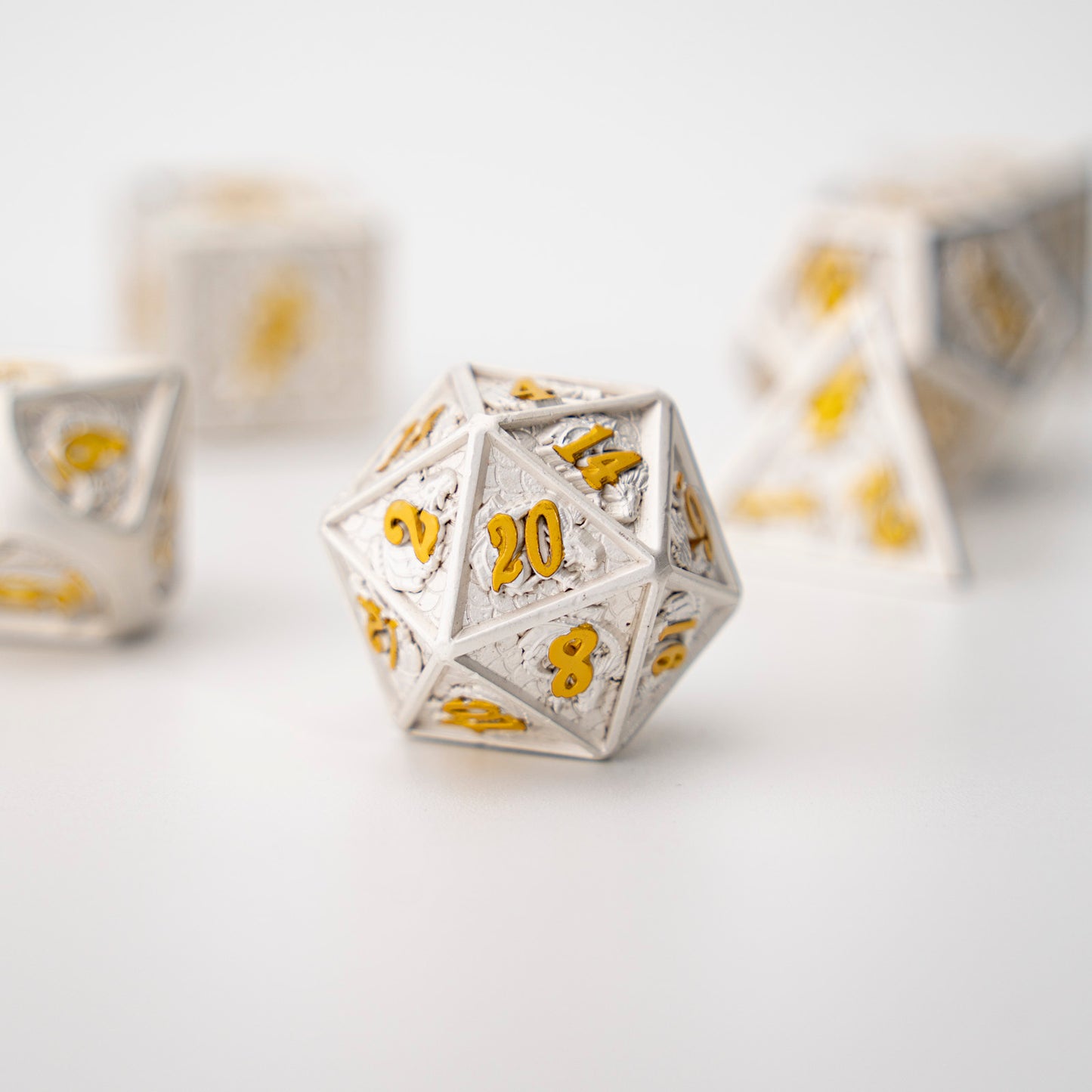 Pearl White with gold number dragon metal dice set - HYMGHO Dice 