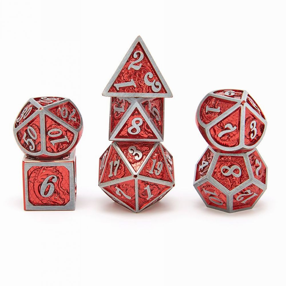 Pewter frame with ember deep red 2 tone metal dice set for DnD table games - HYMGHO Dice 