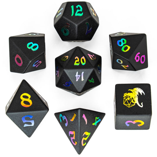 HYMGHO D&D Engraved Prism Obsidian dice set 7 dies