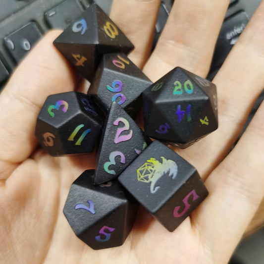 HYMGHO D&D Engraved Prism Obsidian dice set 7 dies