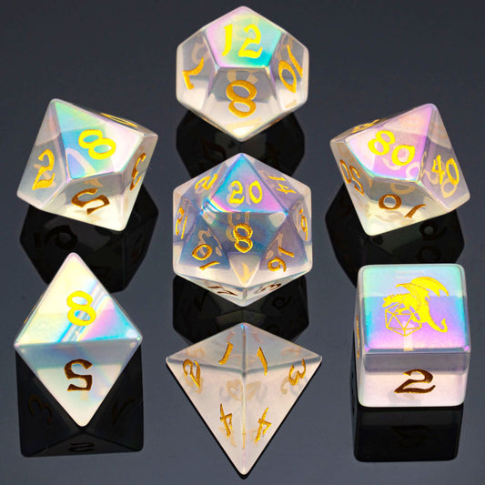 HYMGHO D&D Engraved Prism Glass dice set 7 die for RPGs