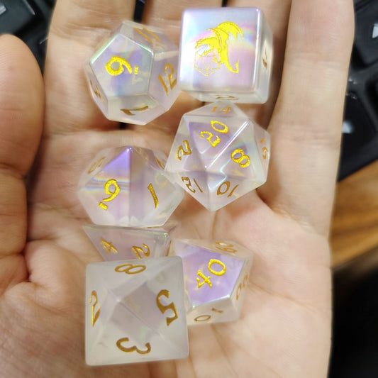 HYMGHO D&D Engraved Prism Glass dice set 7 die for RPGs