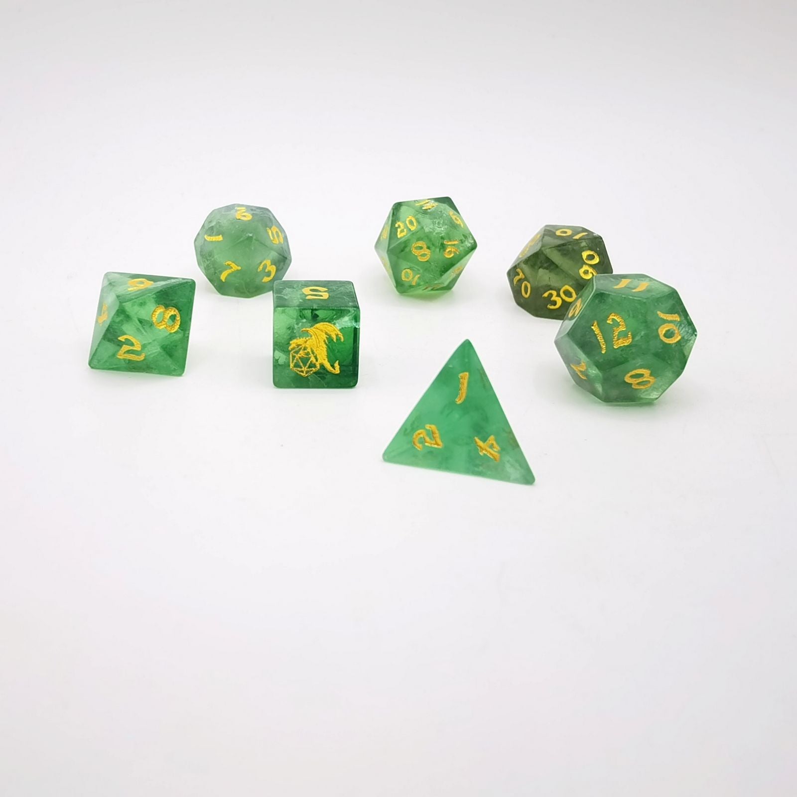 Green Fluorite dice set 7 pieces die handmade for D&D games - HYMGHO Dice 