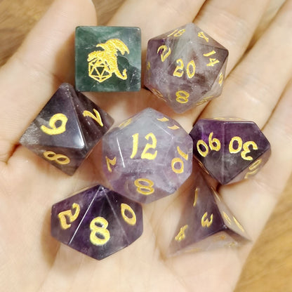 Purple Fluorite Gemstone Dice Set 7 pieces die for RPG