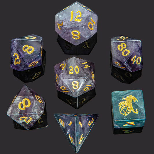 Purple Fluorite Gemstone Dice Set 7 pieces die for RPG
