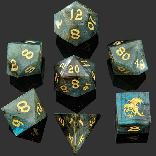 Sharp Edge Hand Polished Labradorite Gemstone Dice Set 7 Pieces Full Die