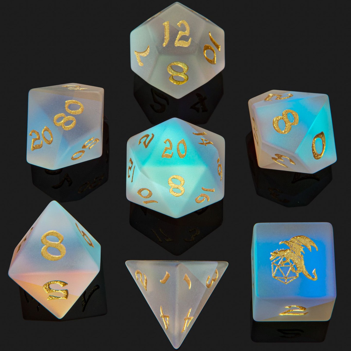Frosted Prismatic Crystal K9 Stone Dice Set 7 Pieces Full Set
