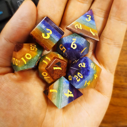 Natural rainbow layered gemstone dice set 7 pieces RPG