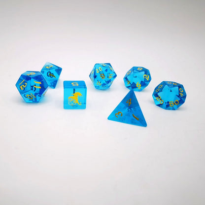 Handmade clear Blue Glass dice set for RPG collections - HYMGHO Dice 