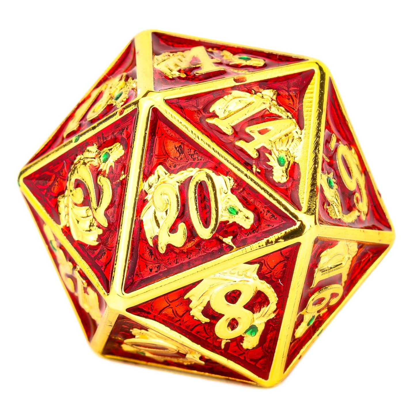 Single Solid Metal Dragon D20 Gold Ruby enamel - HYMGHO Dice 