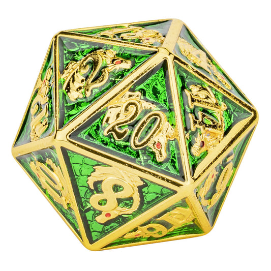 Single Solid Metal Dragon D20 Gold emerald enamel - HYMGHO Dice 
