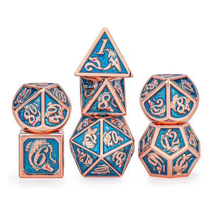 Rose gold Aquamarine hand painting solid metal dragon dice - HYMGHO Dice 