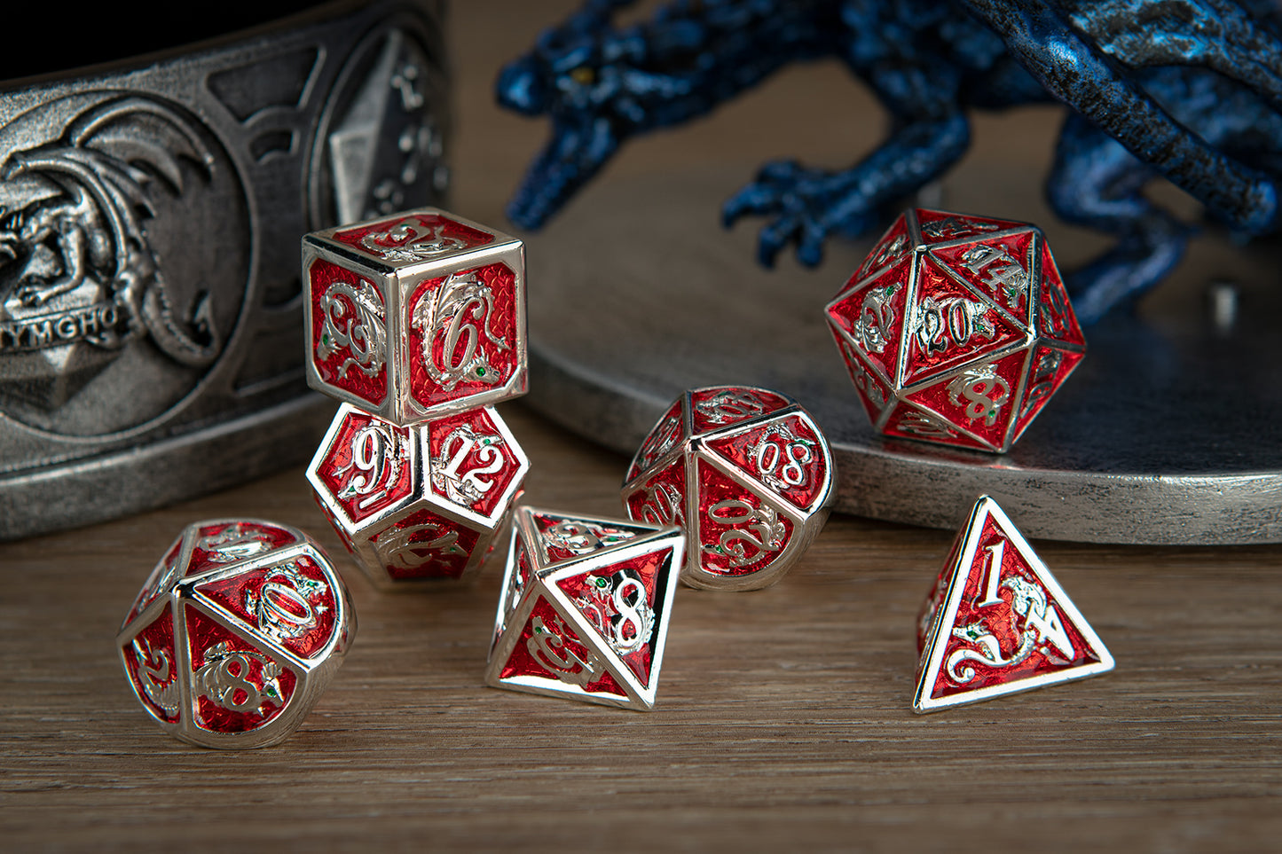 Silver Ruby enamel solid metal dragon dice set