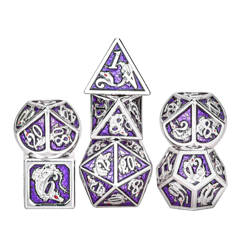 Silver amethyst hand painting solid metal dragon dice for dnd board game role playing games - HYMGHO Dice 