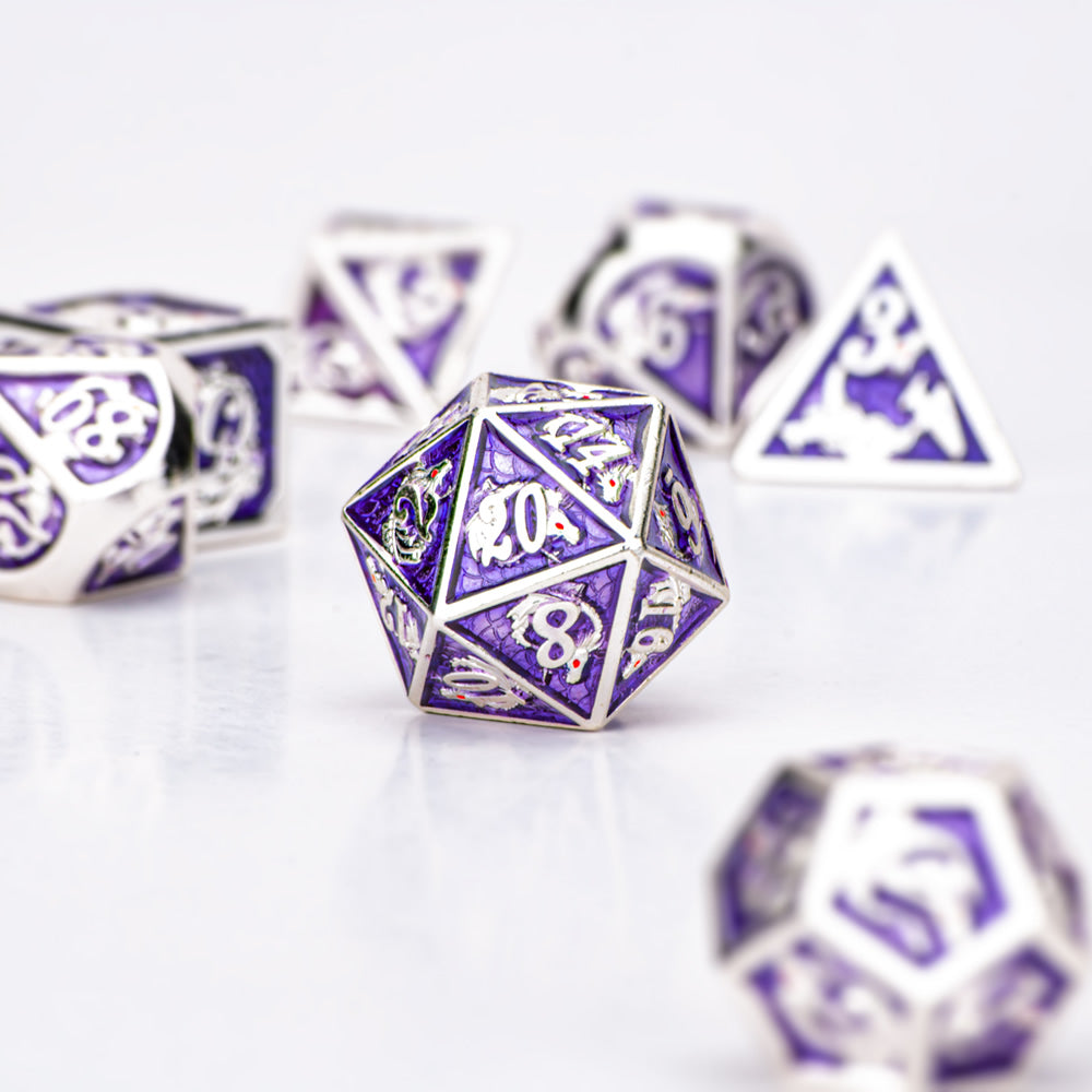 Silver amethyst hand painting solid metal dragon dice for dnd board game role playing games - HYMGHO Dice 