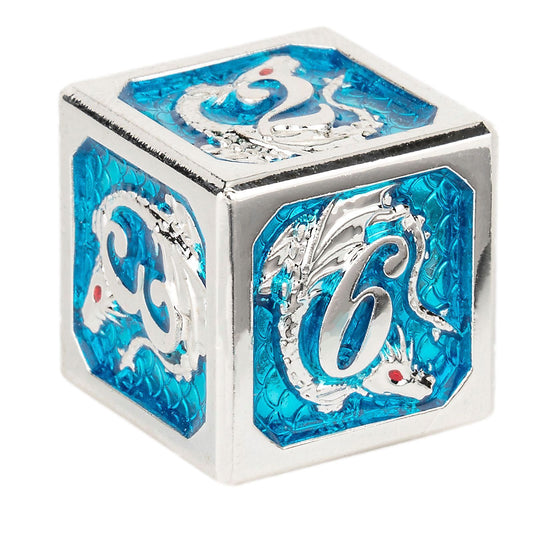 Silver Aquamarine hand painting solid metal dragon dice - HYMGHO Dice 