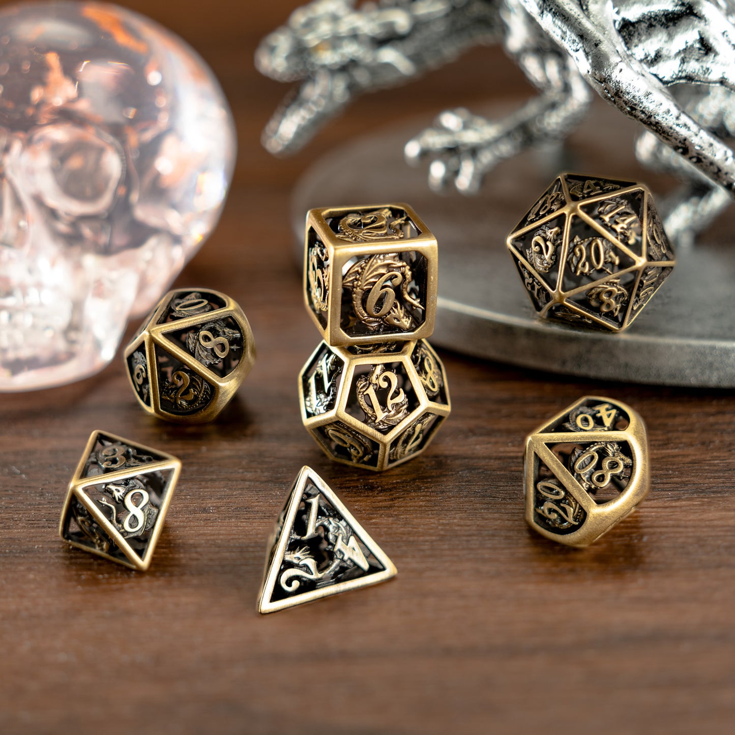 Handmade ancient old hollow dragon cage dice set for RPG games - HYMGHO Dice 