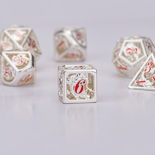 Shinny Silver Hollow Dragon Dice with hand painting for RPG DND dice set - HYMGHO Dice 