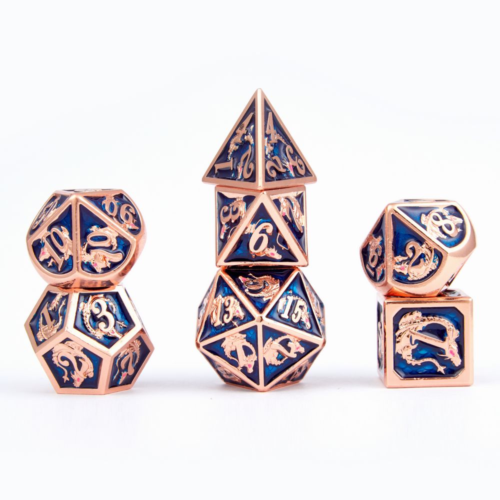 Rose gold deep ocean blue solid metal dragon dice - HYMGHO Dice 
