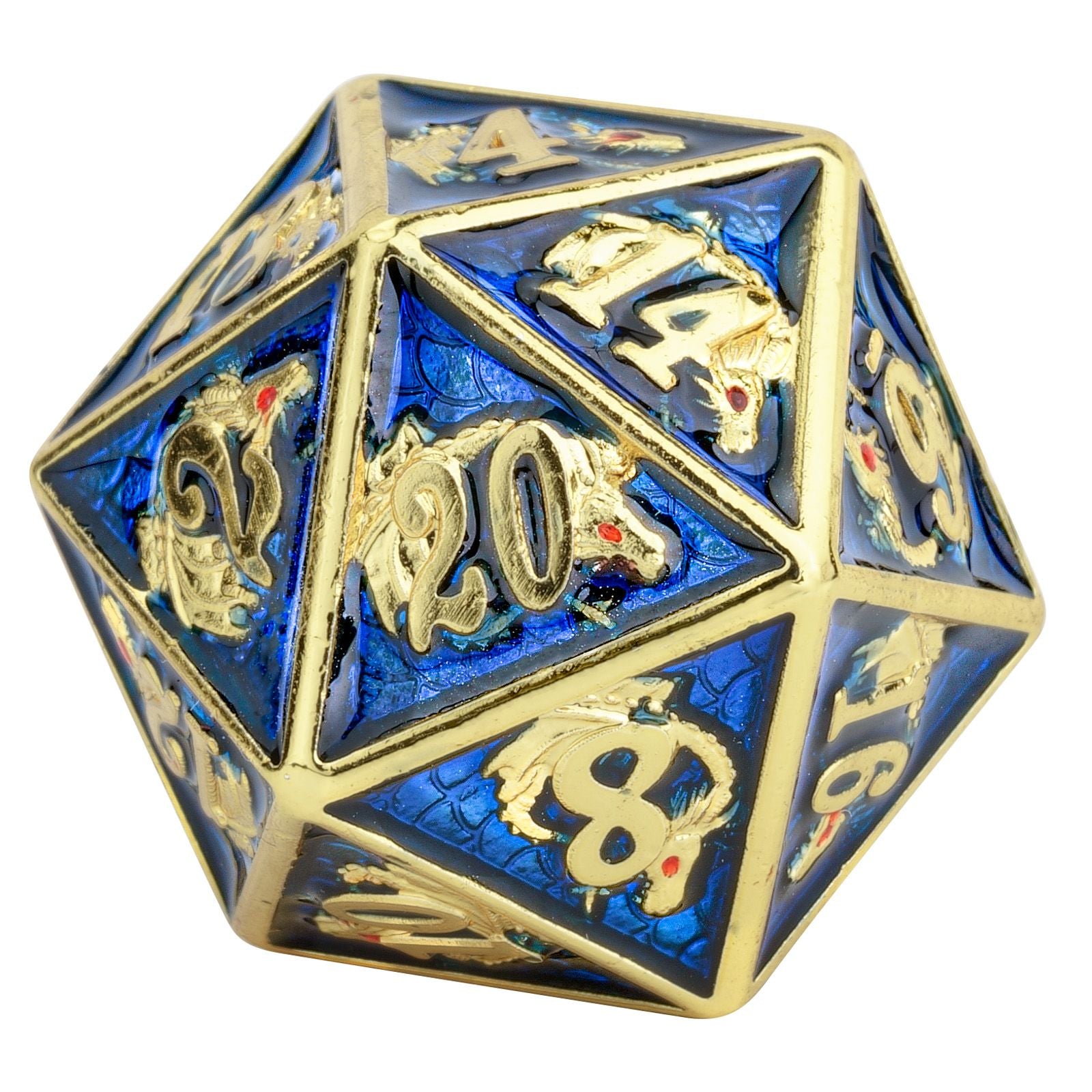 Single Solid Metal Dragon D20 Gold Lapis Lazuli enamel - HYMGHO Dice 