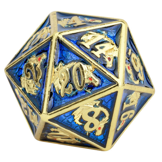 Single Solid Metal Dragon D20 Gold Lapis Lazuli enamel - HYMGHO Dice 