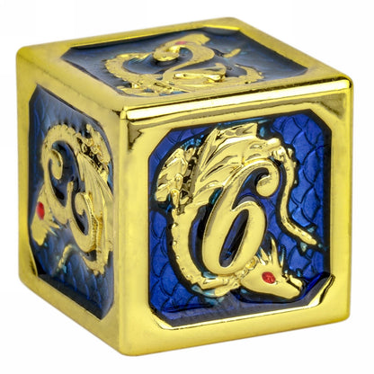 Gold blue lapis lazuli dice set dragon engraved for DnD tabletop gaming - HYMGHO Dice 