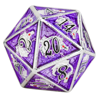 シルバーアメジストと黒のフォントの手描きドラゴンメタルRPGダイスセット