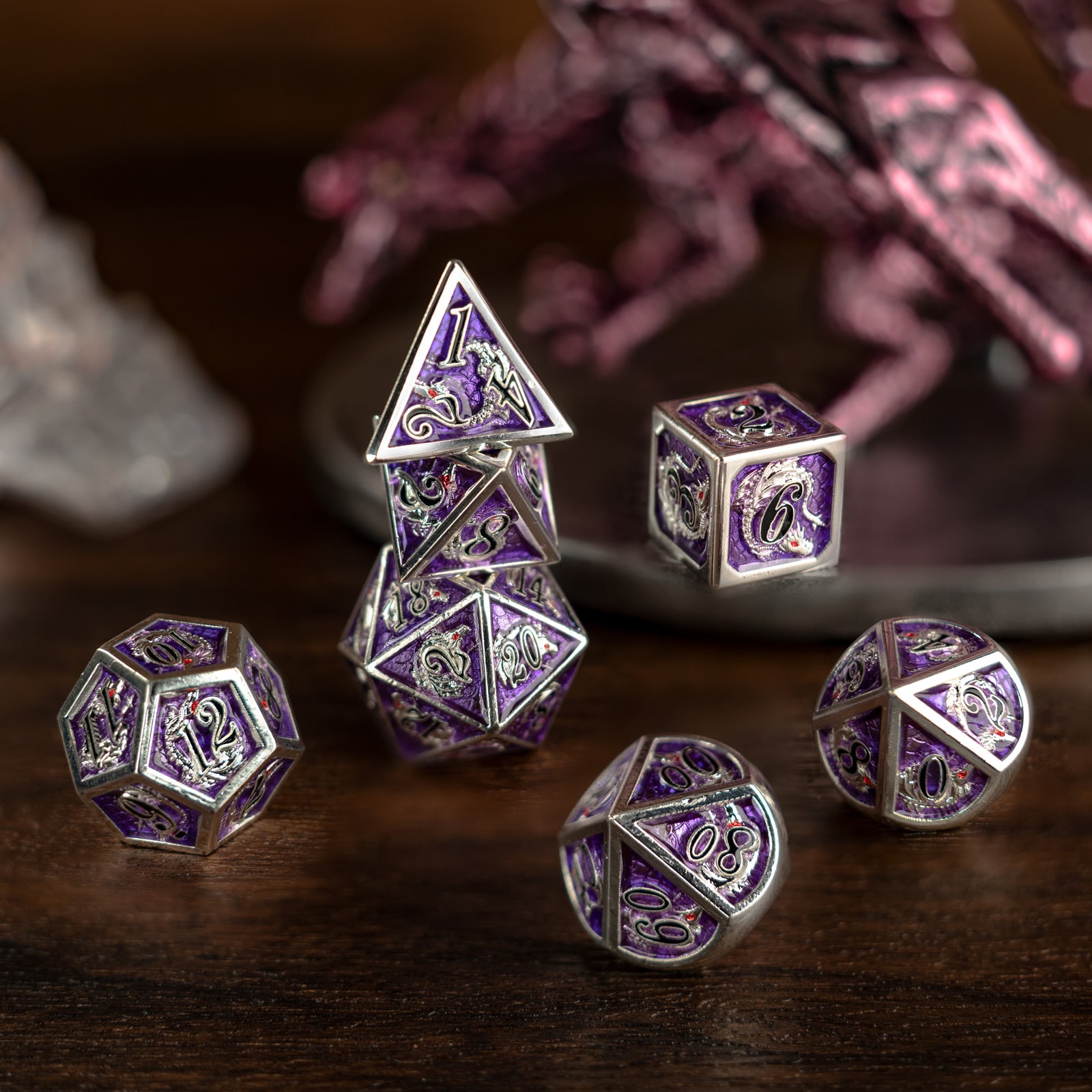 Silver amethyst with black digits hand painting dragon metal dice - HYMGHO Dice 