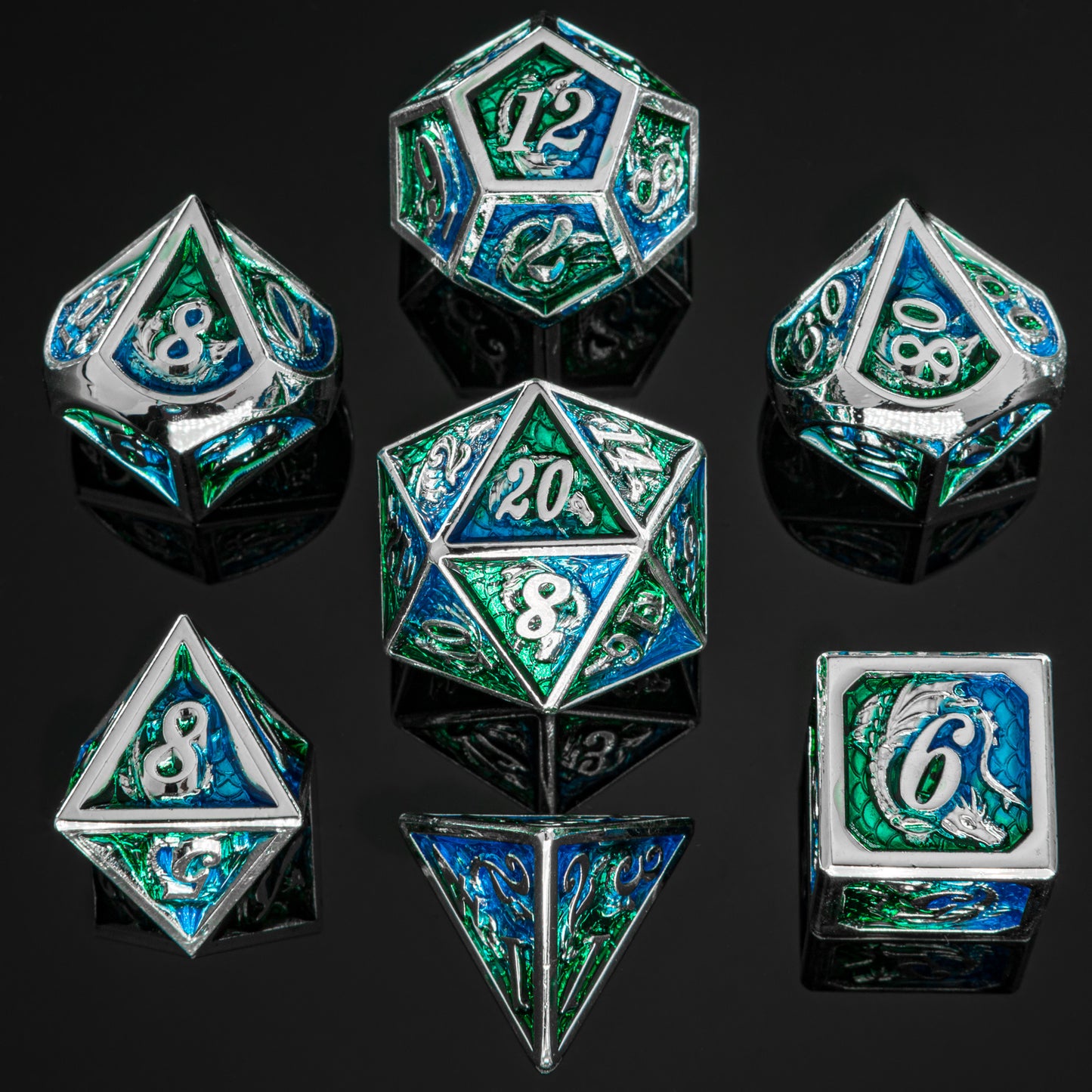 Silver w/Green& Blue dragon dice set for RPG game