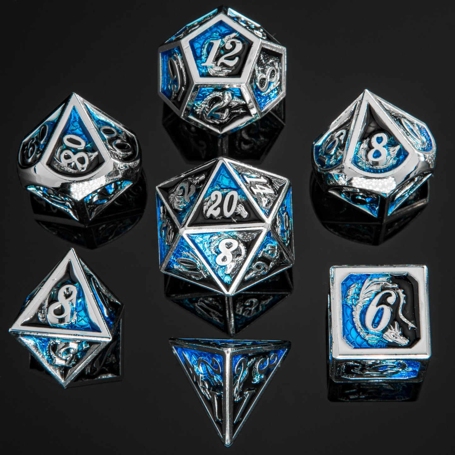 Silver w/Black& Blue dragon dice set for RPGs
