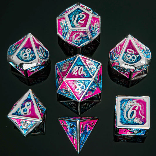Silver w/Pink& Blue dragon dice set for RPGs