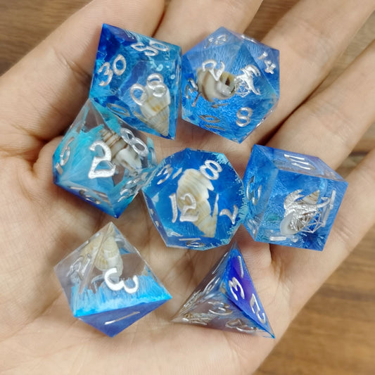 Captured Magic Handmade Sharp Edge Resin Dice-Ocean Blue with Sea Snail Inclusion