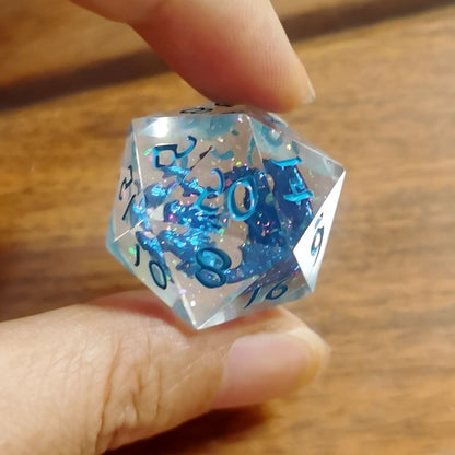 Sharp Edged Dice Set with Metal Blue Skulls Inclusion