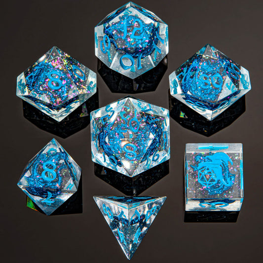 Sharp Edged Dice Set with Metal Blue Skulls Inclusion