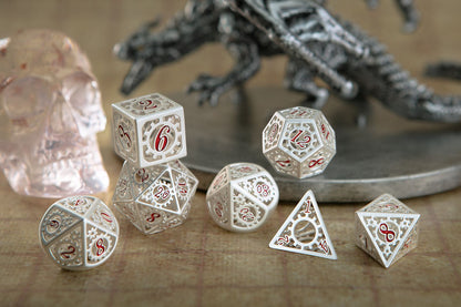 Pearl silver hand crafted hollow steampunk gear cage dice set for D&D board games - HYMGHO Dice 