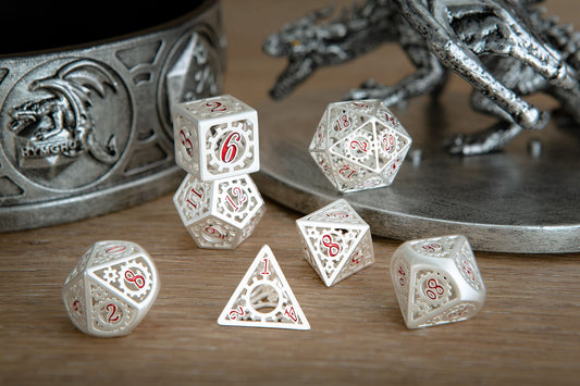 Pearl silver hand crafted hollow steampunk gear cage dice set for D&D board games - HYMGHO Dice 