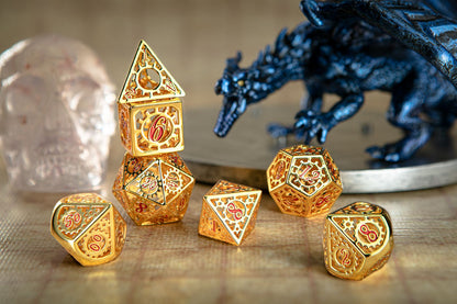 Gold handcrafted hollow steampunk gear cage dice for DnD games - HYMGHO Dice 