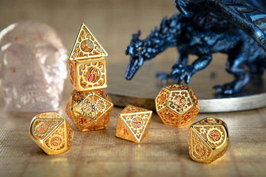 Gold handcrafted hollow steampunk gear cage dice for DnD games - HYMGHO Dice 